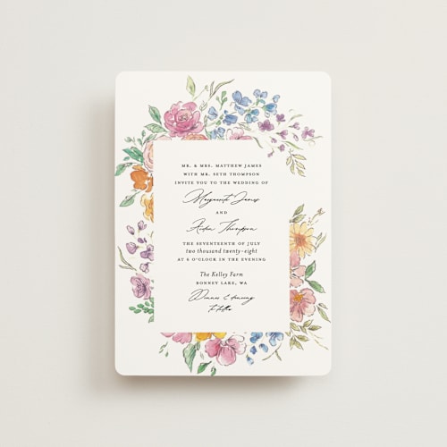 This is a tropical petite wedding invitations with standard by Itsy Belle Studio called floral pop printing on signature in petite