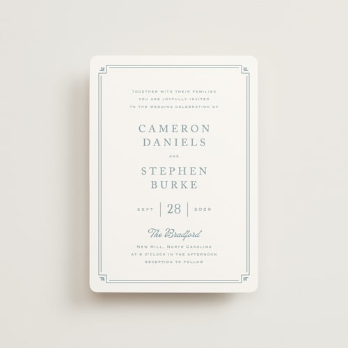 This is a french blue petite wedding invitations with standard by Carolyn MacLaren called fleur corner printing on signature in petite