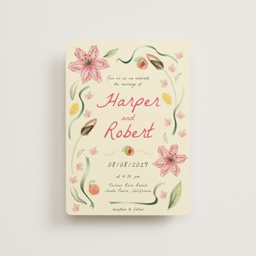 This is a blush petite wedding invitations with standard by Emily Miranda called romantic tropical wedding printing on signature in petite