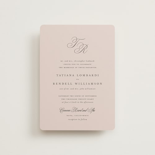 This is a dusty rose petite wedding invitations with standard by Kelly Schmidt called arch monogram printing on signature in petite