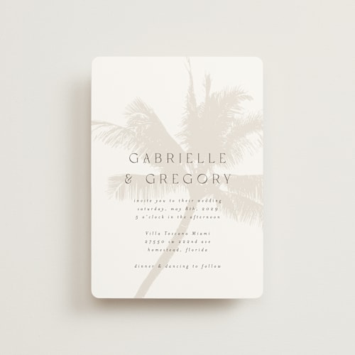 This is a ecru petite wedding invitations with standard by AK Graphics called palm printing on signature in petite