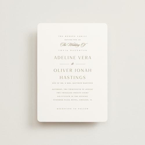 This is a golden petite wedding invitations with standard by Stacey Meacham called classic decorum printing on signature in petite