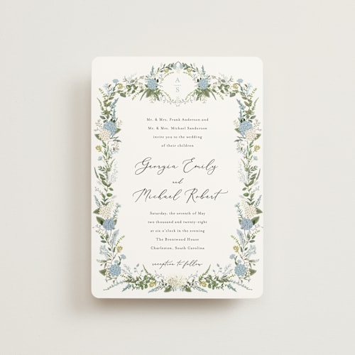 This is a coastal petite wedding invitations with standard by Susan Moyal called hydrangea vine printing on signature in petite
