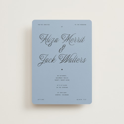 This is a sky petite wedding invitations with standard by Blustery August called cheers printing on signature in petite