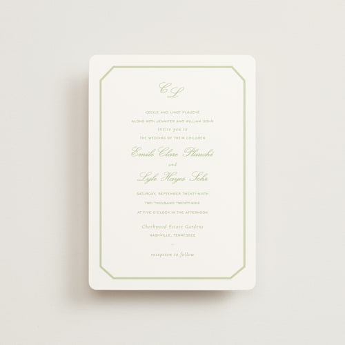 This is a mint petite wedding invitations with standard by Sara Hicks Malone called montgomery printing on signature in petite