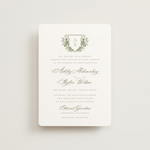 This is a moss petite wedding invitations with standard by Cass Loh called watercolor flowers crest printing on signature in petite