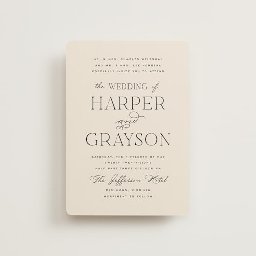 This is a creme petite wedding invitations with standard by Carly Reed Walker called tendu printing on signature in petite