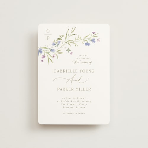 This is a wisteria petite wedding invitations with standard by Everett Paper Goods called sweeping meadow printing on signature in petite