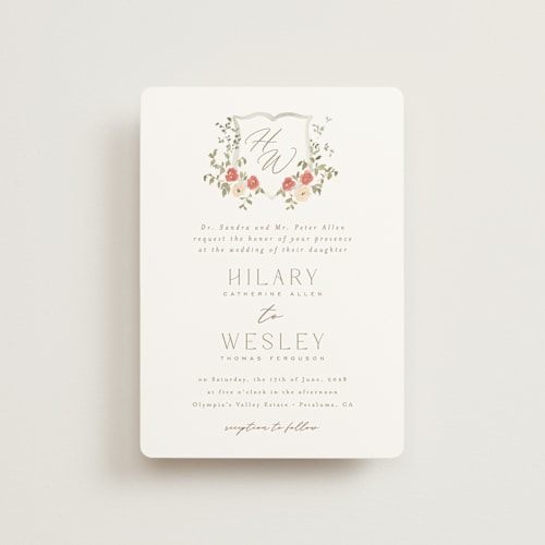 This is a pomegranate petite wedding invitations with standard by Everett Paper Goods called roses crest printing on signature in petite