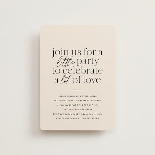 This is a noir petite wedding invitations with standard by Jessica Corliss called little party big love printing on signature in petite