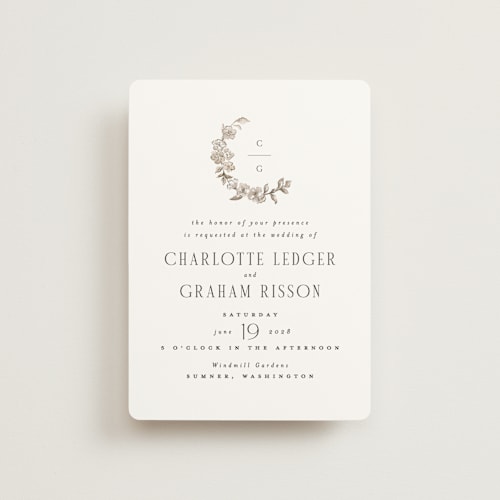 This is a sepia petite wedding invitations with standard by Itsy Belle Studio called daphne printing on signature in petite