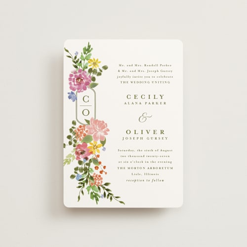 This is a summer petite wedding invitations with standard by Angela Marzuki called garland monogram printing on signature in petite