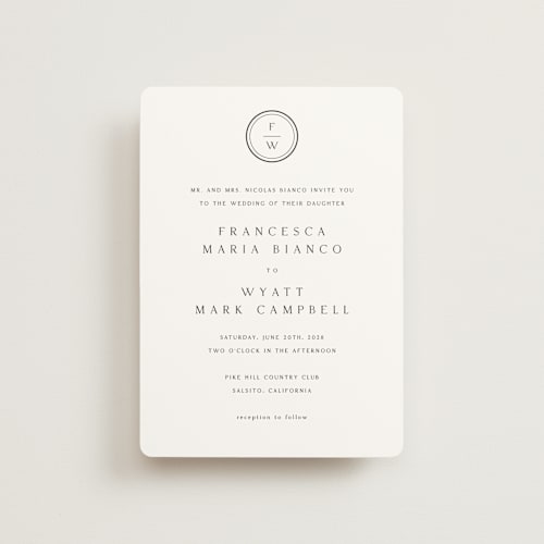 This is a cotton petite wedding invitations with standard by Stacey Meacham called circle monogram printing on signature in petite