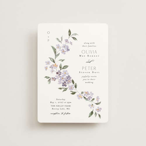 This is a periwinkle petite wedding invitations with standard by Itsy Belle Studio called sweeping vine printing on signature in petite