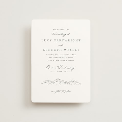 This is a pewter petite wedding invitations with standard by Sarah Brown called mountainview printing on signature in petite
