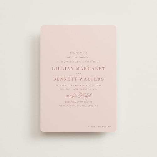 This is a blush petite wedding invitations with standard by Megan Davis called charleston printing on signature in petite