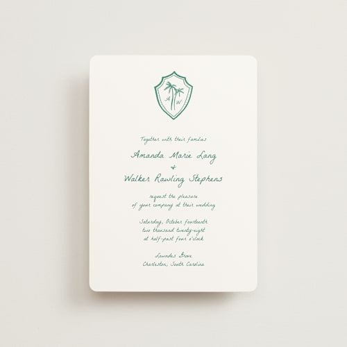 This is a palm petite wedding invitations with standard by Erika Firm called palm tree crest printing on signature in petite