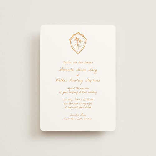 This is a mango petite wedding invitations with standard by Erika Firm called palm tree crest printing on signature in petite