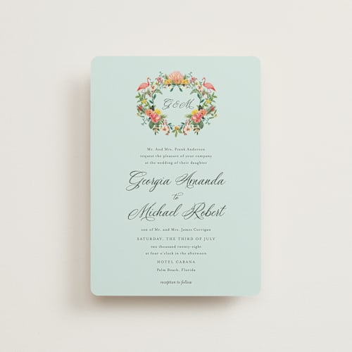This is a papaya petite wedding invitations with standard by Susan Moyal called tropical crest printing on signature in petite