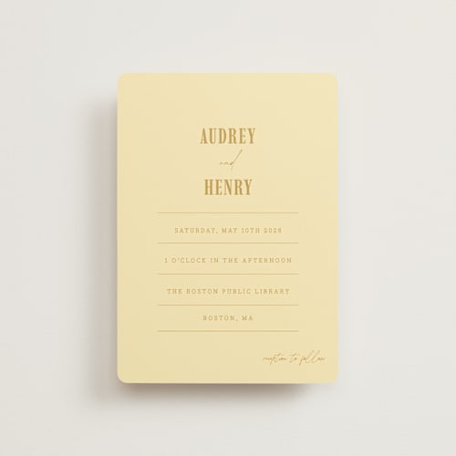 This is a butter petite wedding invitations with standard by Nazia Hyder called vintage label printing on signature in petite