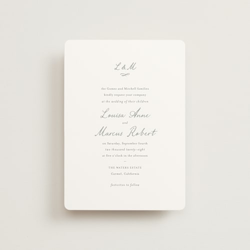 This is a sage petite wedding invitations with standard by Sara Hicks Malone called signature monogram printing on signature in petite