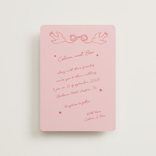 This is a peach petite wedding invitations with standard by Helena Vitto called the bird song printing on signature in petite