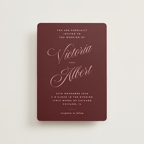 This is a burgundy petite wedding invitations with standard by Nazia Hyder called museum printing on signature in petite