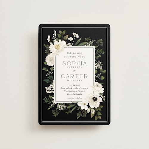 This is a black tie petite wedding invitations with standard by Susan Moyal called botanical love printing on signature in petite