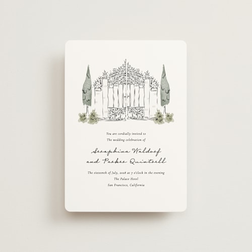 This is a forest petite wedding invitations with standard by Jackie Crawford called hand illustrated garden gate printing on signature in petite