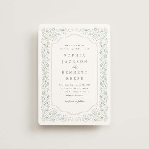 This is a periwinkle petite wedding invitations with standard by Kristen Smith called delicate vines printing on signature in petite