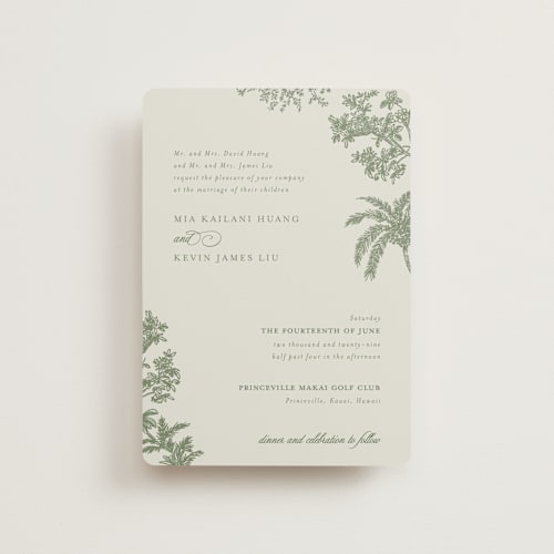 This is a jungle petite wedding invitations with standard by Jenna Holcomb called vintage tropics printing on signature in petite