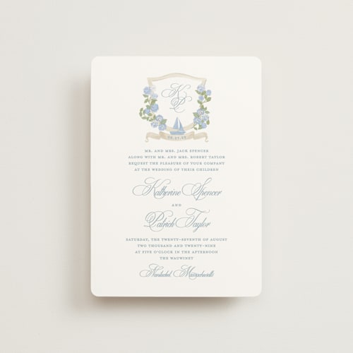 This is a ocean petite wedding invitations with standard by Creo Study called coastal crest printing on signature in petite