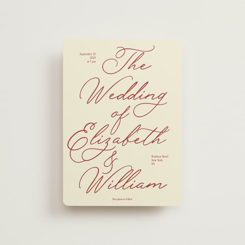 This is a burgundy petite wedding invitations with standard by Helena Vitto called elizabeth printing on signature in petite