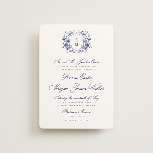 This is a plum petite wedding invitations with standard by Cass Loh called blooming crest printing on signature in petite