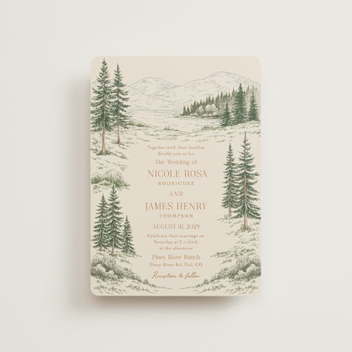 This is a forest petite wedding invitations with standard by Elly called whispering pines printing on signature in petite