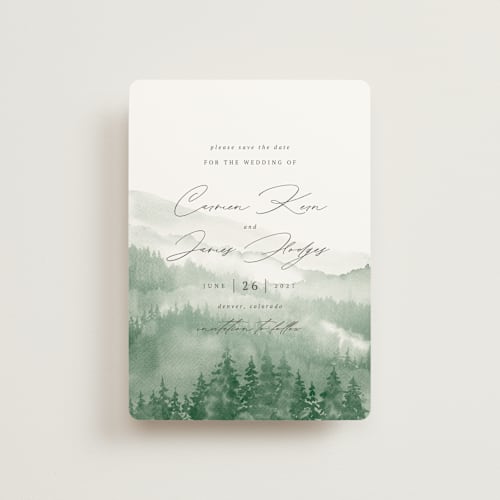 This is a fern petite save the dates with standard by Helen Halik called over the mountains printing on signature in petite