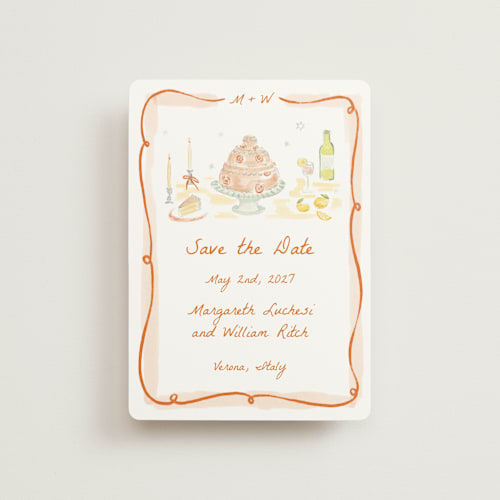 This is a flame petite save the dates with standard by Pati Cascino called giardino printing on signature in petite