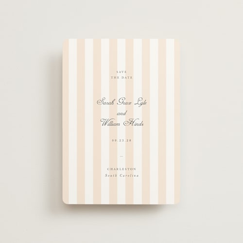 This is a peach petite save the dates with standard by Sara Hicks Malone called awning stripe printing on signature in petite