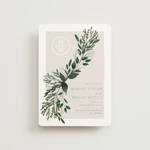 This is a taupe petite save the dates with standard by Kaydi Bishop called watermark printing on signature in petite