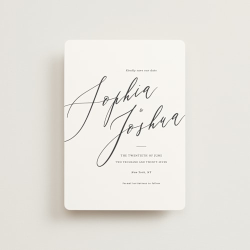 This is a snow petite save the dates with standard by Griffinbell Paper Co. called crescendo printing on signature in petite