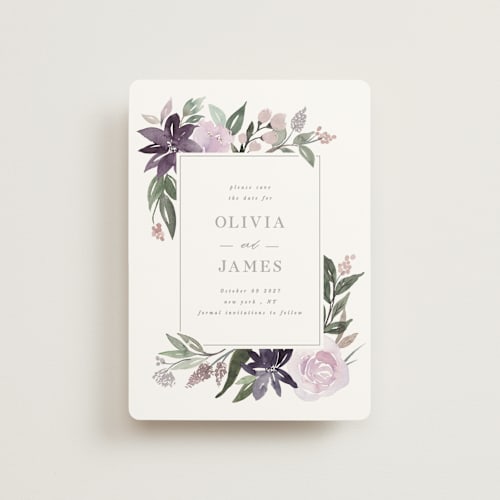 This is a lilac petite save the dates with standard by Creo Study called garden stroll printing on signature in petite