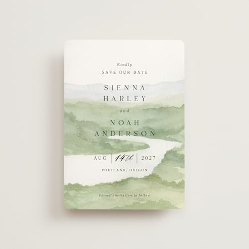 This is a meadow petite save the dates with standard by Elly called the vow printing on signature in petite