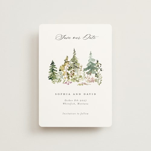 This is a forest petite save the dates with standard by Petra Kern called great outdoors printing on signature in petite