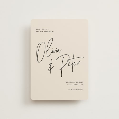 This is a champagne petite save the dates with standard by JoAnn Jinks called signed printing on signature in petite