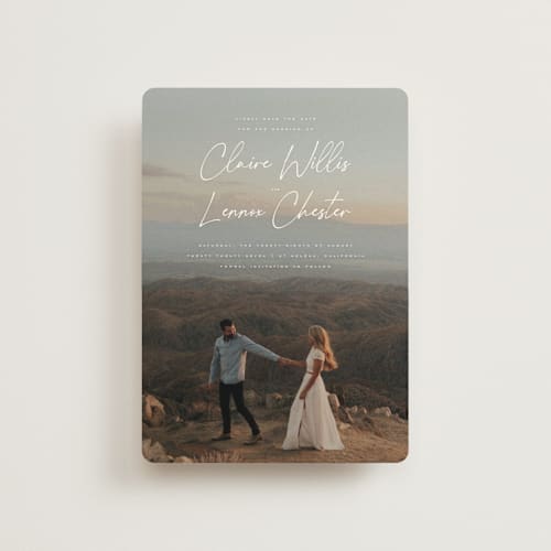This is a chiffon petite save the dates with standard by Orasie called full photo printing on signature in petite