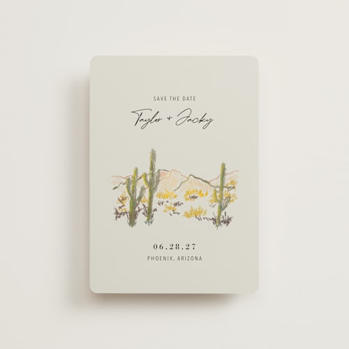 This is a olive petite save the dates with standard by Cass Loh called desert crayon drawing printing on signature in petite