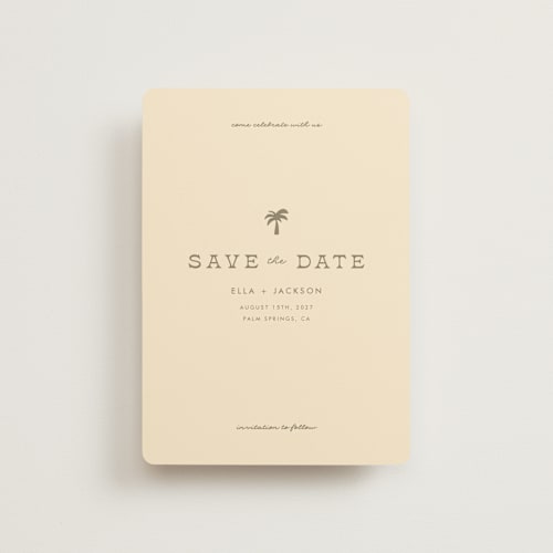 This is a sand petite save the dates with standard by Olivia Goree called vacation printing on signature in petite