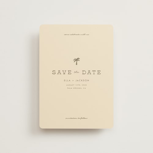 This is a sand petite save the dates with standard by Olivia Goree called vacation printing on signature in petite