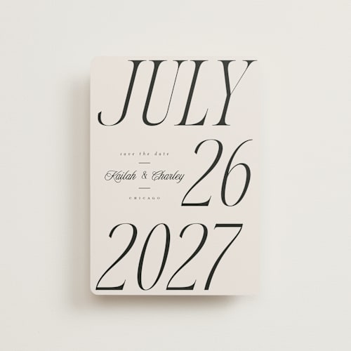 This is a ivory petite save the dates with standard by Melanie Kosuge called grand printing on signature in petite