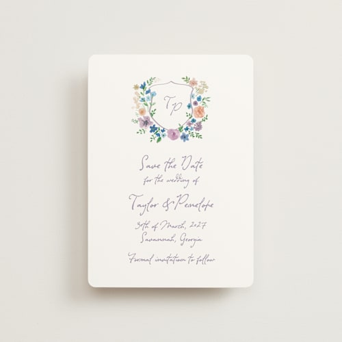 This is a lavender petite save the dates with standard by Cass Loh called wildflowers crest printing on signature in petite